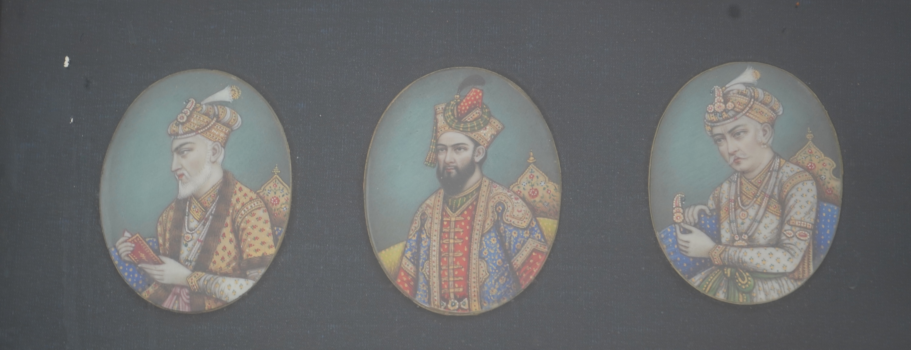 Indian School , (Late 19th century), A set of six portrait miniatures of Mughal rulers, Watercolour on Ivory, Oval, each approximately 6.2cm x 4.8cm